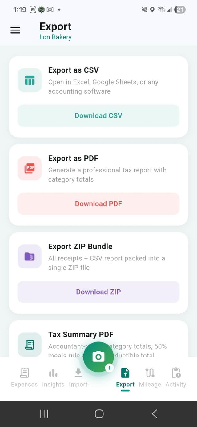 TaxSort export screen